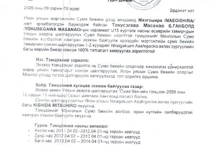 СУМО БӨХИЙН U15 ХҮРТЛЭХ НАСНЫ УЛСЫН АВАРГА ШАЛГАРУУЛАХ ТЭМЦЭЭН ЗОХИОН БАЙГУУЛАГДАНА.
