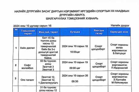 Налайх дүүргийн Иргэдийн наадмын тэмцээний хуваарь