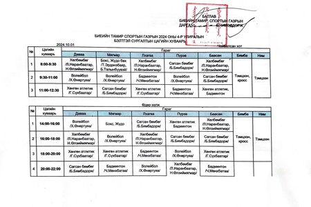 2024 оны 4-р улиралын бэлтгэл сургалтын цагийн хуваарь