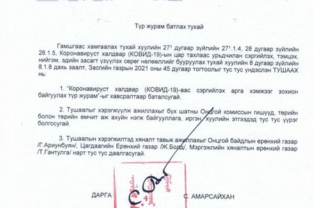 КОРОНАВИРУСТ ХАЛДВАР (КОВИД-19)-ААС СЭРГИЙЛЭХ АРГА ХЭМЖЭЭГ ЗОХИОН БАЙГУУЛАХ ТҮР ЖУРАМ  БАТЛАГДЛАА