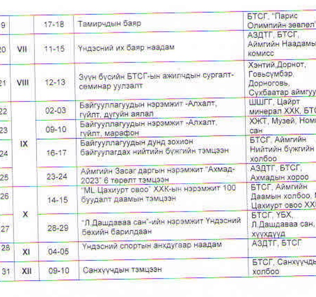 2023 ОНД ЗОХИОН БАЙГУУЛАХ НИЙТИЙН  БИЕИЙН ТАМИРЫН АРГА ХЭМЖЭЭНИЙ ТӨЛӨВЛӨГӨӨ 