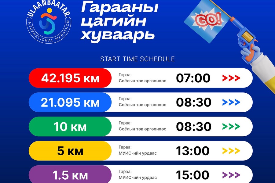 Улаанбаатар марафон-2026 Олон Улсын гүйлтийн зайн хуваарь, маршрут. Тухайн өдрийн цаг агаарт тааруулан хувцаслах  болон аюулгүй байдлаа ханган соёлтой оролцохыг уриалж байна. /2026-14/