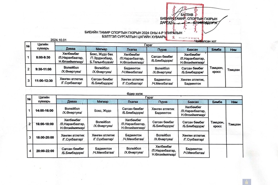 2024 оны 4-р улиралын бэлтгэл сургалтын цагийн хуваарь