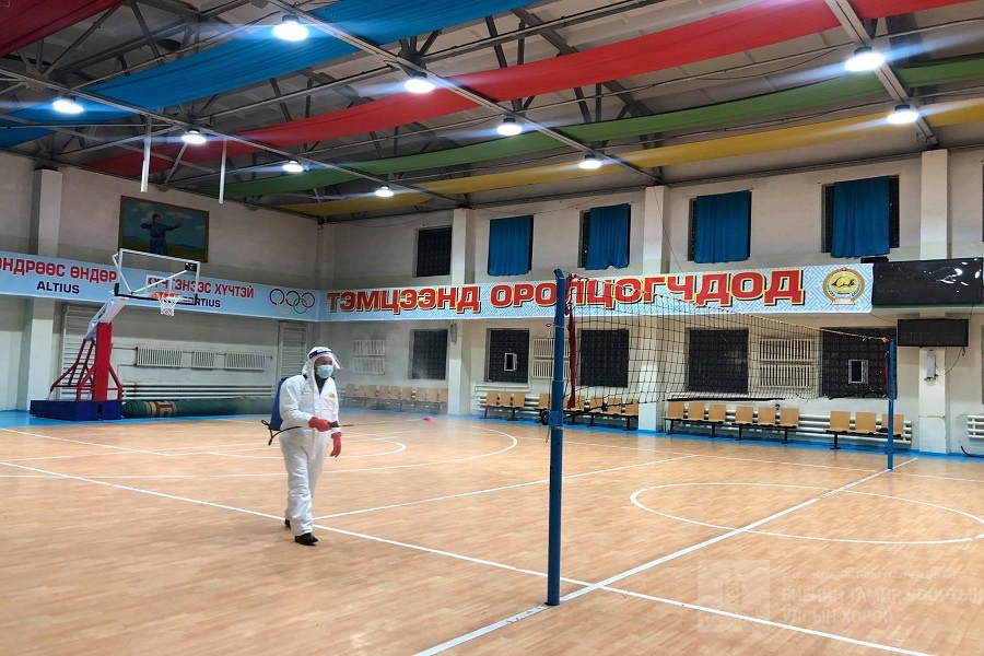 СПОРТ ЗААЛ НЭЭХТЭЙ ХОЛБОГДУУЛАН АРИУТГАЛ ХАЛДВАРГҮЙЖҮҮЛЭЛТ ХИЙЛЭЭ.